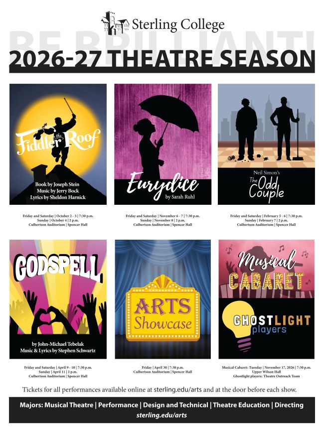 Theatre season poster for 6 theatre shows at Sterling College in 2026-27 Theatre season poster for 6 theatre shows at Sterling College in 2026-27