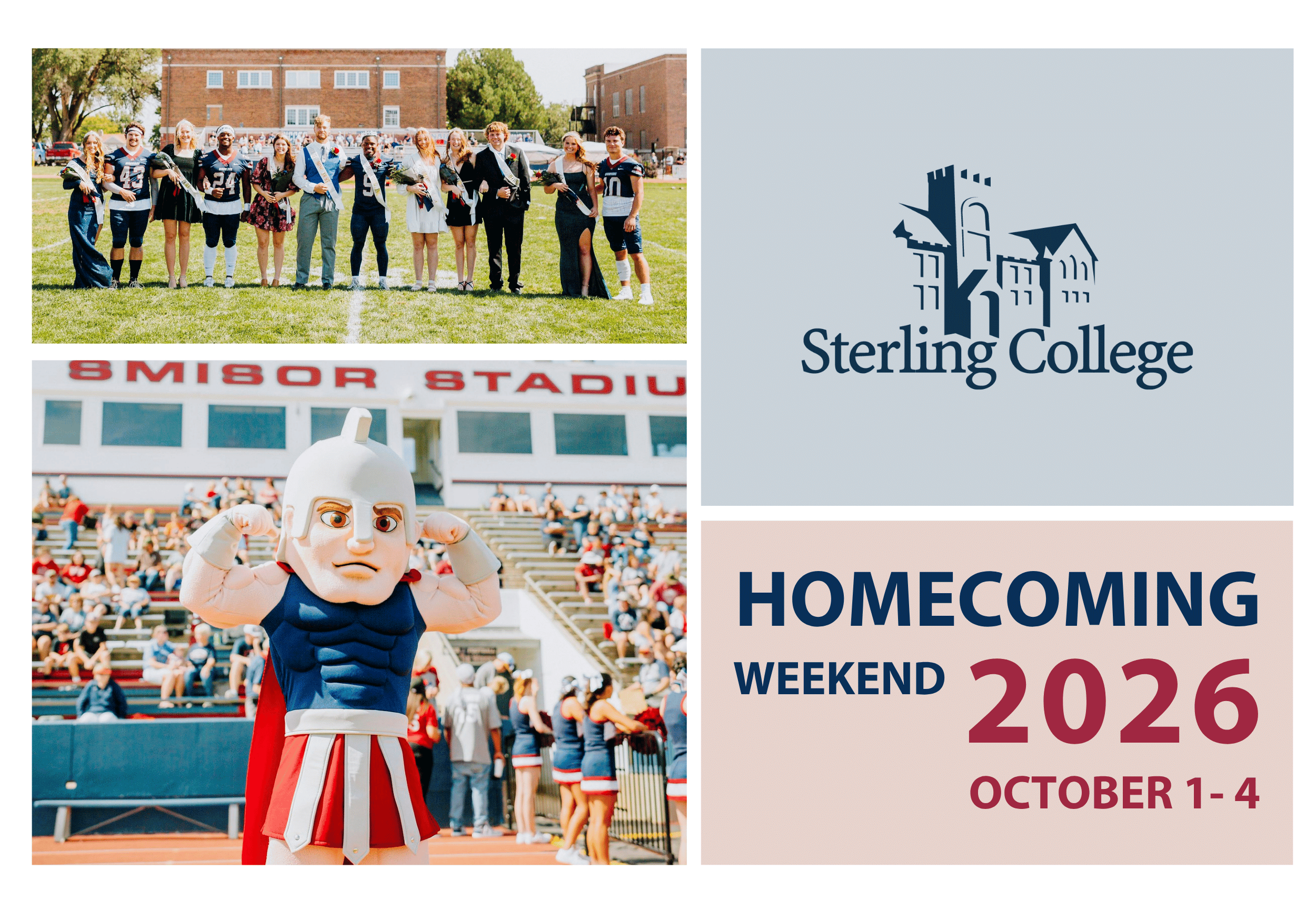Homecoming Postcard featuring a group of people and a Warrior mascot
