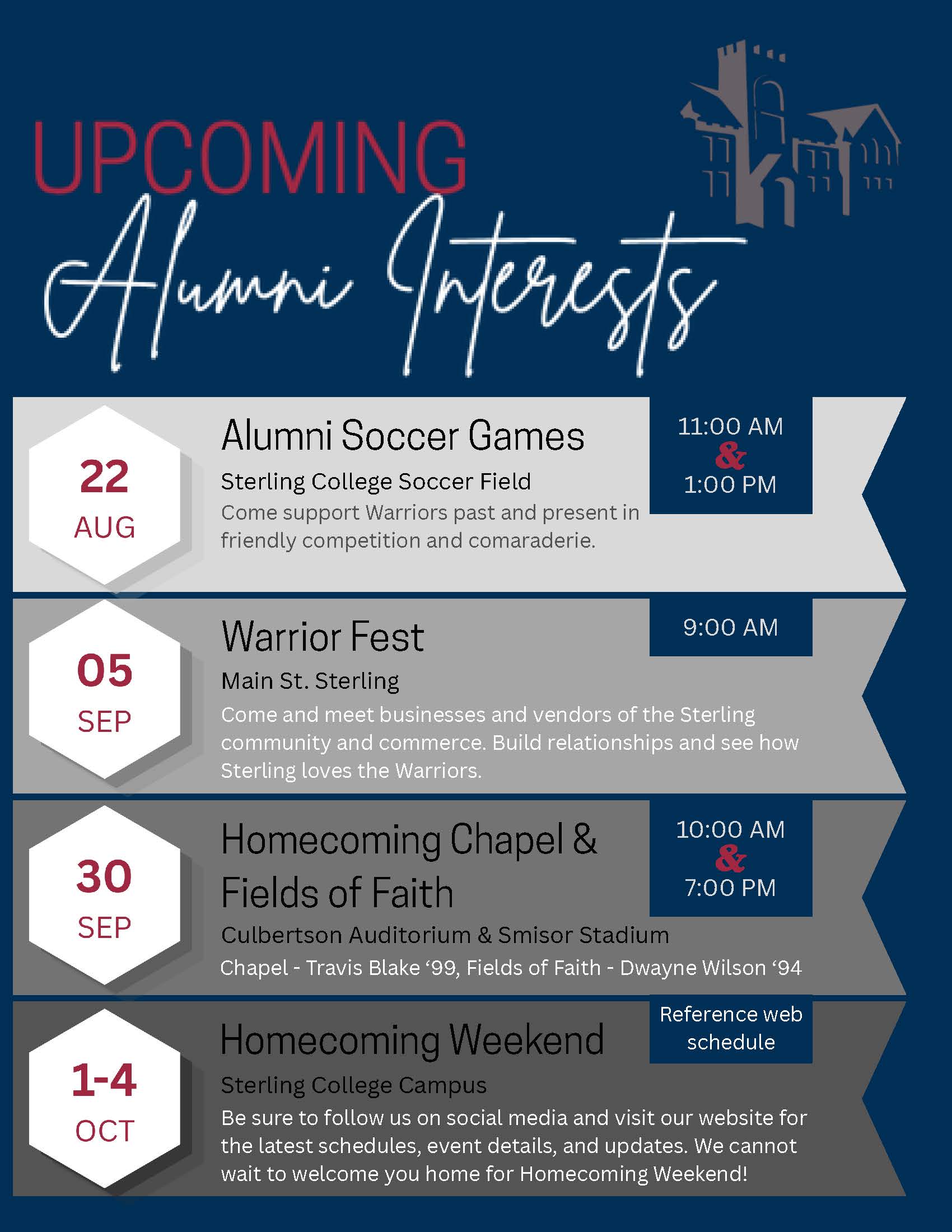 Sterling College Alumni events promotional flyer with events and dates of upcoming events