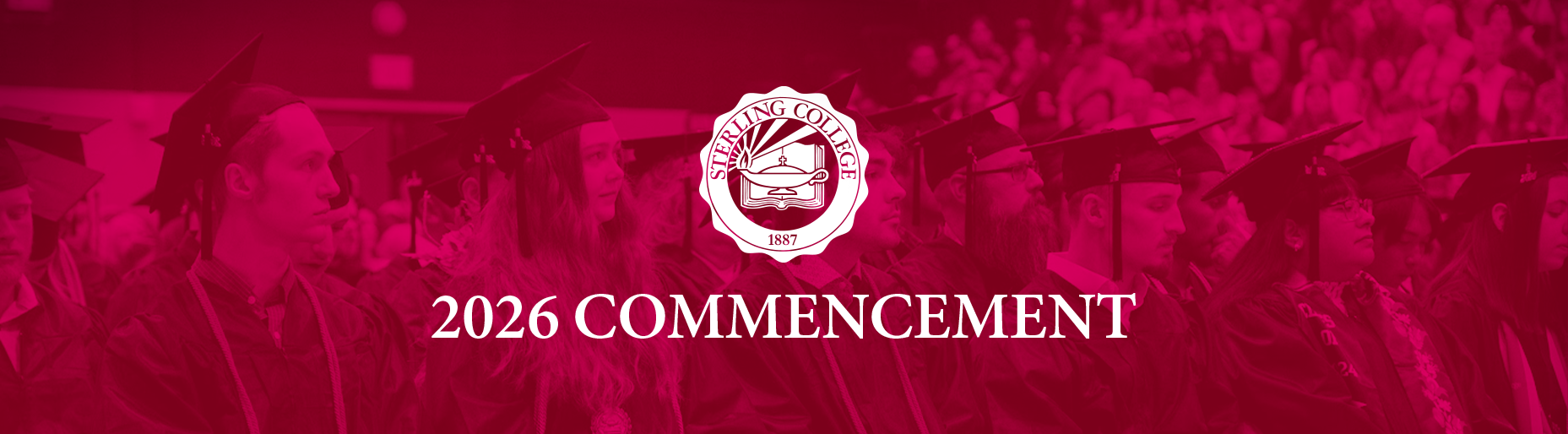 Promotion for Commencement with graduates seated and the text 2026 Commencement overlaid on top