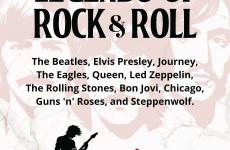 concert poster with faces of people in the background and someone playing a guitar