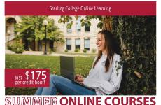 Promotion for summer classes featuring a girl under a tree working on a laptop