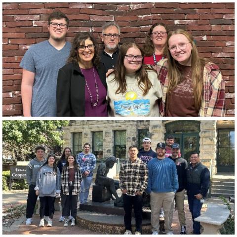 2 photos of groups of people standing and smiling at the camera