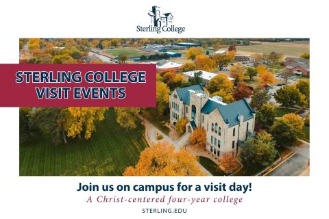 Sterling College Visit Events Promotion featuring an aerial view of campus with green grass and orange leaves on trees