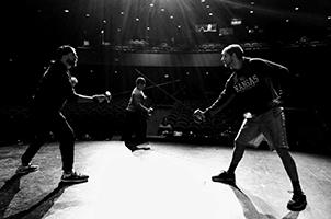 Fight Director Andrew D. Ray choreographs a sequence in “Romeo and Juliet” with Sterling community member Shane Rogers ’15 (right) as Mercutio and Sterling College student Isaac Peña of Dodge City, Kansas, (center) as Tybalt.